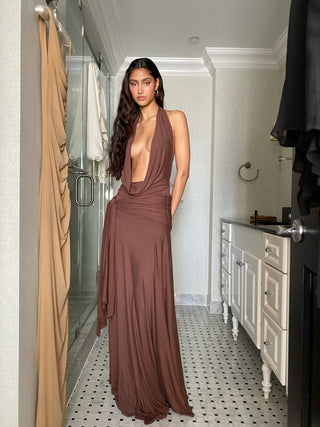 Evelyn Halter Maxi Dress - Brown