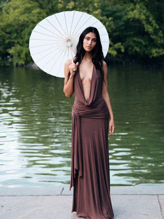 Evelyn Halter Maxi Dress - Brown