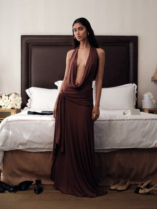 Evelyn Halter Maxi Dress - Brown