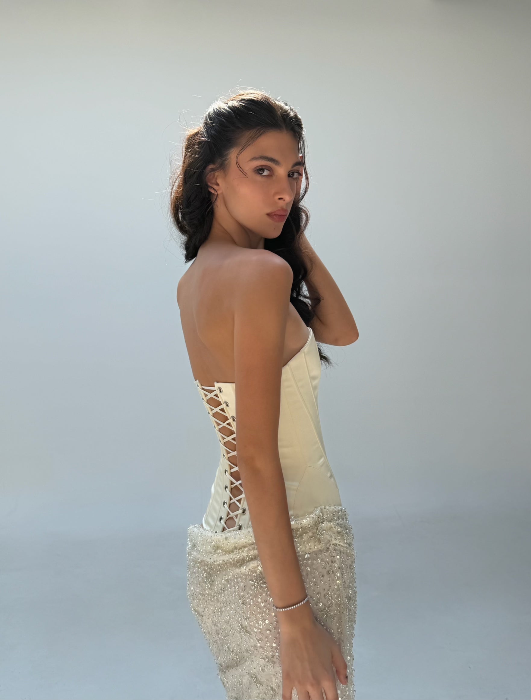ivory lace corset maxi dress Women's Ivory Lace Corset Sheer High-Slit Mermaid Maxi Dress