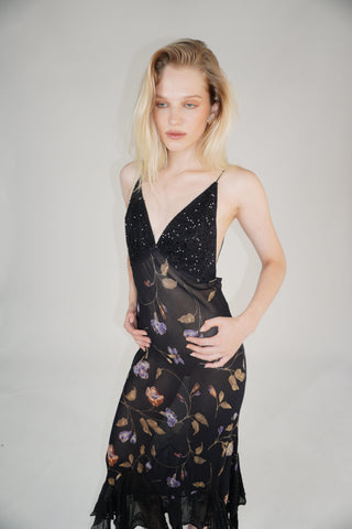 Cherie DRESS FS Sheer Black Sequin Floral Maxi Dress