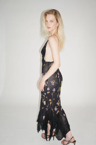 Cherie DRESS FS Sheer Black Sequin Floral Maxi Dress