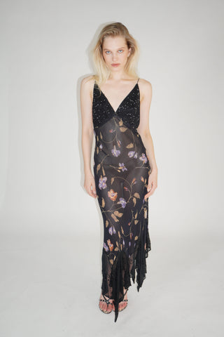 Cherie DRESS FS Sheer Black Sequin Floral Maxi Dress