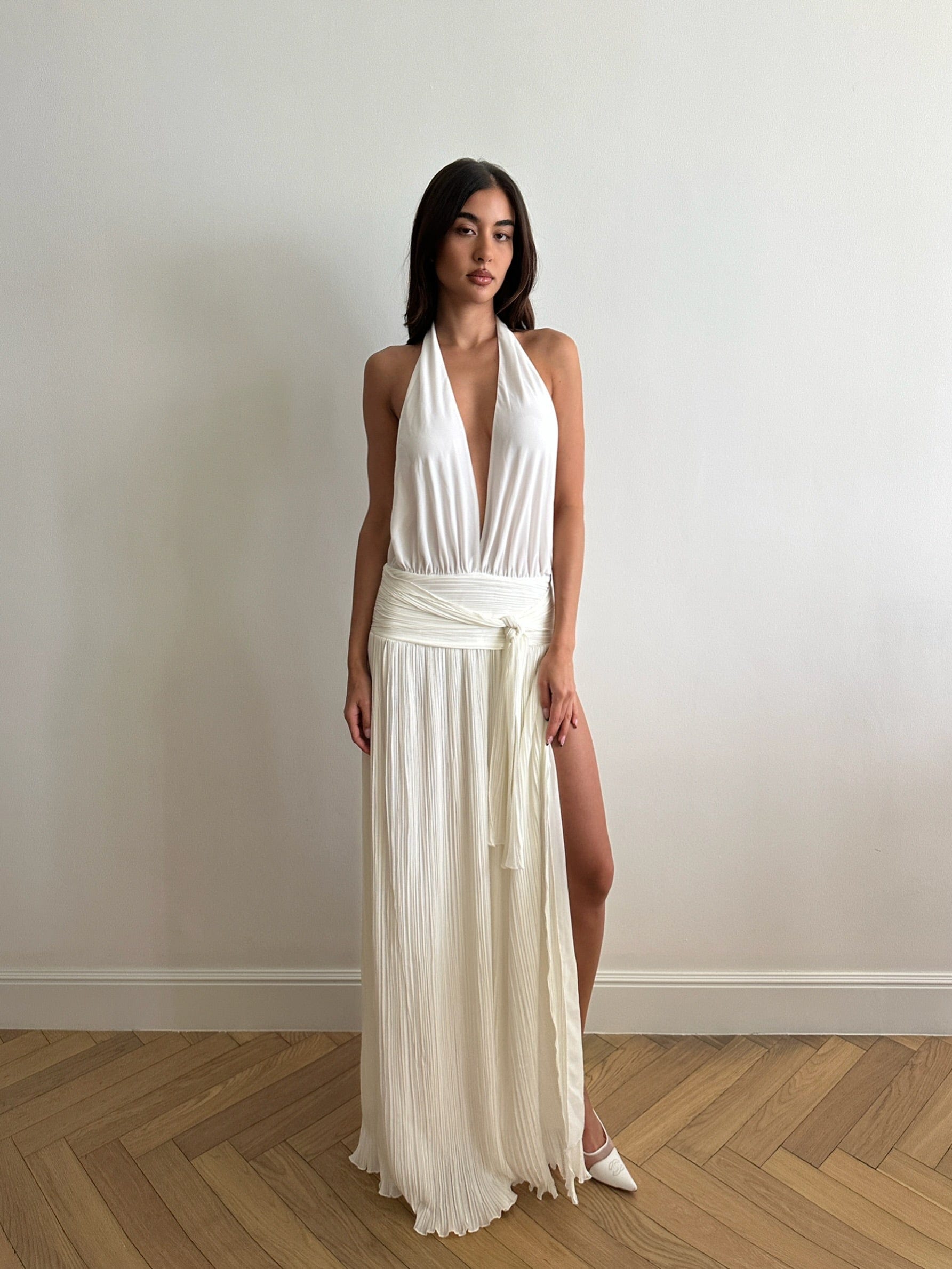 esperanza maxi dress ESPERANZA LONG DRESS IN BALLET SILK SATIN DE LA VALI OFFICIAL