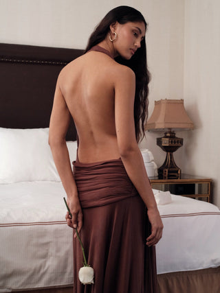 Cherie Evelyn Halter Maxi Dress - Brown