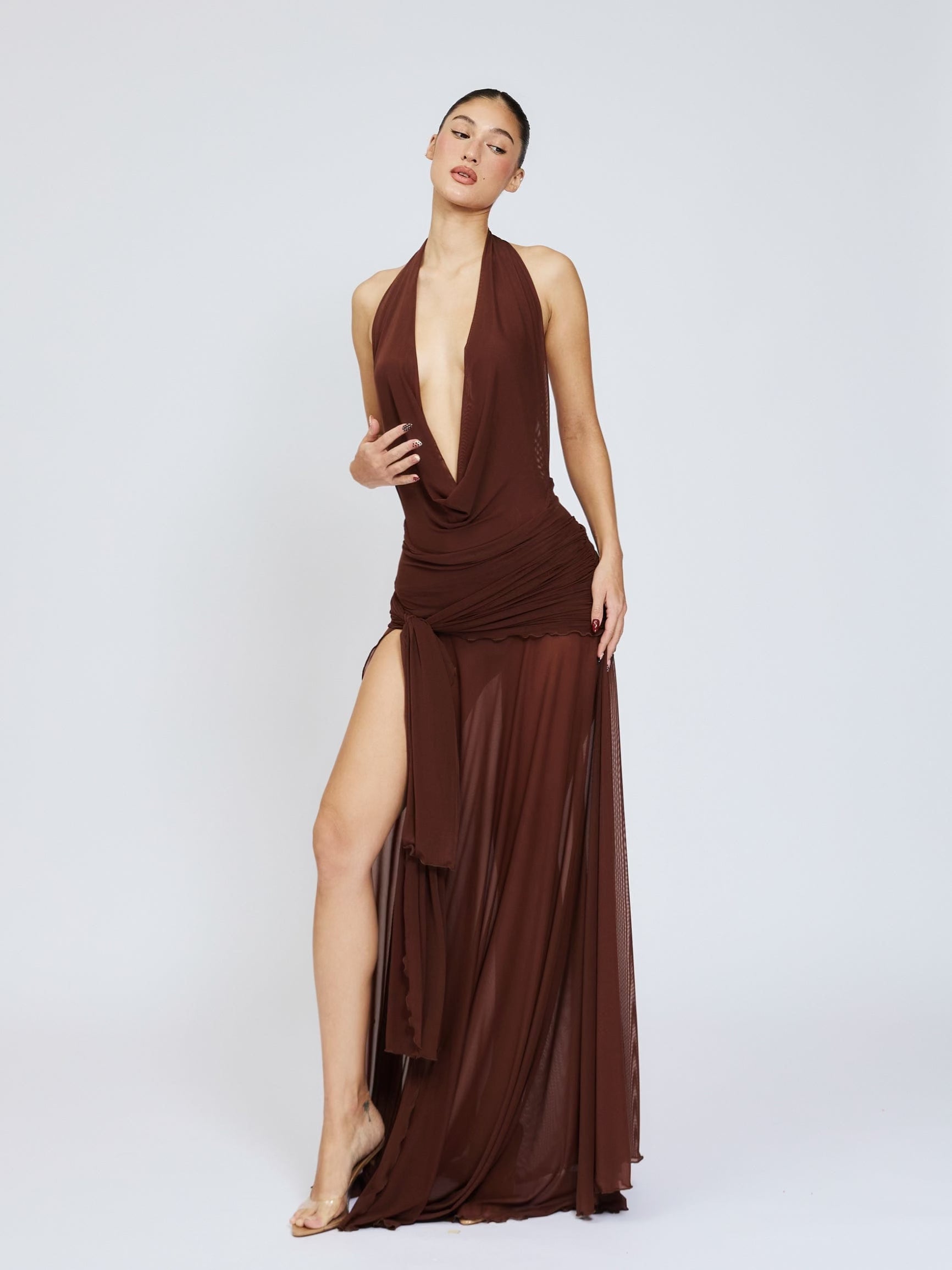 Evelyn Maxi Dress Mesh - Brown Cherie Evelyn Maxi Dress Mesh - Brown Cherie