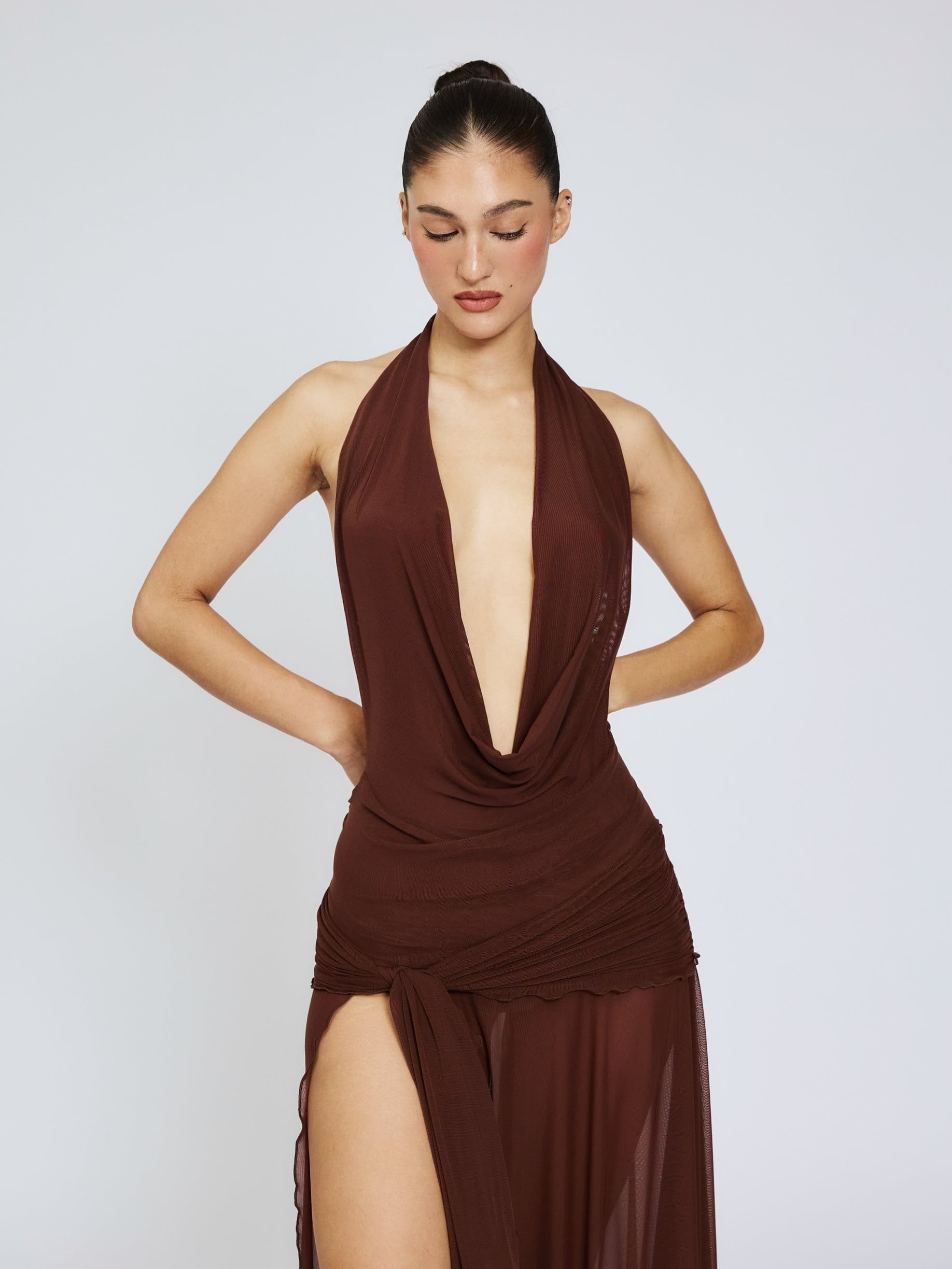 evelyn formal plunge a line dress Evelyn Off-The-Shoulder Formal Dress in Navy Blue | Size: M | Knit Fabric
