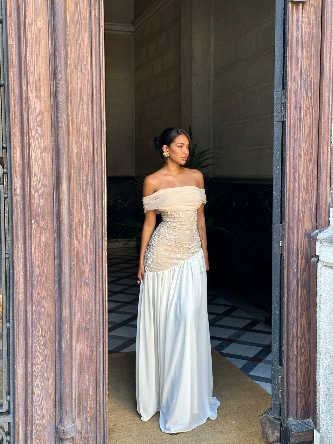 Mia Off Shoulder Maxi Gown Dress - Beige Mia Off Shoulder Maxi Gown Dress - Beige