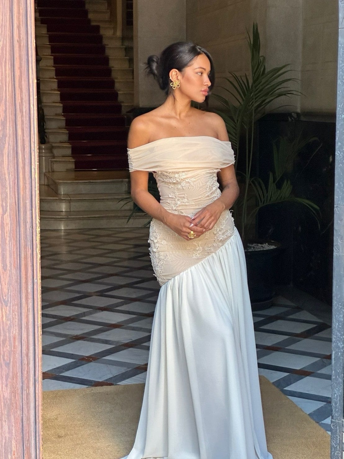 Mia Off Shoulder Maxi Gown Dress - Beige Cherie Mia Off Shoulder Maxi Gown Dress - Beige Cherie