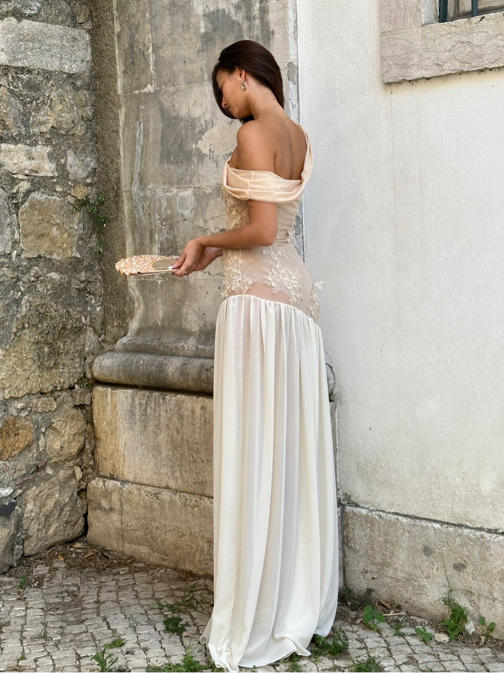 Mia Off Shoulder Maxi Gown Dress Sheer - Beige Cherie Mia Off Shoulder Maxi Gown Dress Sheer - Beige Cherie