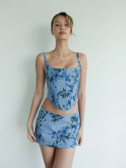 Alani Mini Skirt - Denim Blue Floral